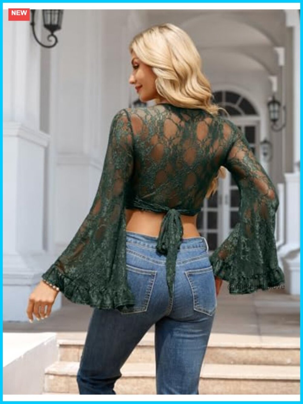 Flowy Lace Bell Sleeve Tie Front Crop Blouse Boho Rave Festival Hippie Top - Picture 5 of 6